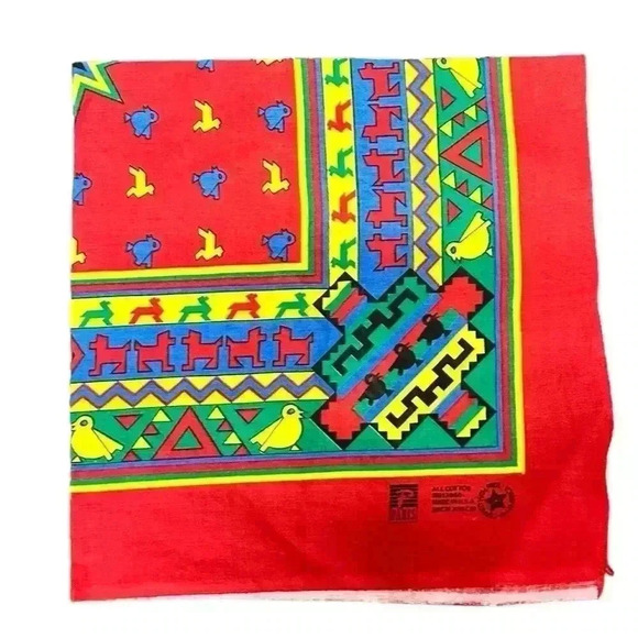 Vintage Paris Bandana Made USA Southwest Aztec Native Print Animals RED Square - Picture 4 of 4